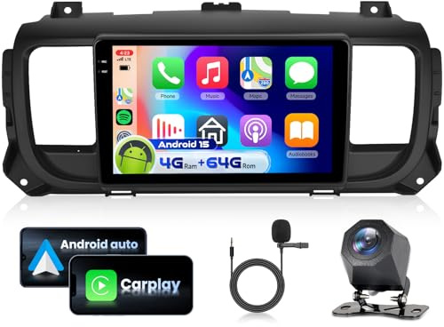4G 128G VECHTEL 9 Bluetooth-Autoradio für Citroen Jumpy 3/Peugeot Expert/Toyota Proace Carplay Android Auto,Android 15,EQ,WiFi GPS,Mirror Link,RDS/FM Radio 2 Din mit AHD Rückfahrkamera