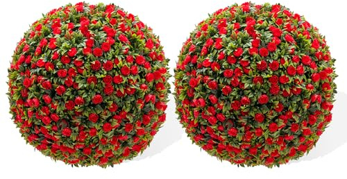 Artificial Topiary Balls, Set of 2 Artificial Rose Topiary Balls, 40cm Faux Leaf Hanging Ornaments w/Pre-Attached Chain, UVProtected Indoor Outdoor Hanging Decorative Faux Grass Balls w/Red Flowers