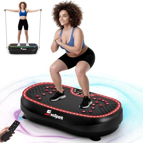 EvoSpark Vibrationsplatte, Vibrationsplatte Testsieger 2026 mit 6+1 Trainingsmodi, 9 coolen LED-Lichtern Vibration Plate für Zuhause, Power Llate mit 200W Bürstenlose Motoren,199 Geschwindigkeiten