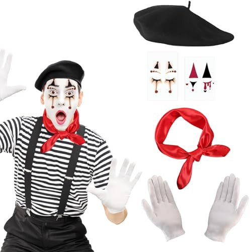 KEELYY Pantomime Kostüm Damen Herren, 4-teiliges Schwarze Baskenmütze Rote Tücher Weiße Handschuhe Gesichtstattoo für Karneval Faschingskostüme Karneval Mottoparty