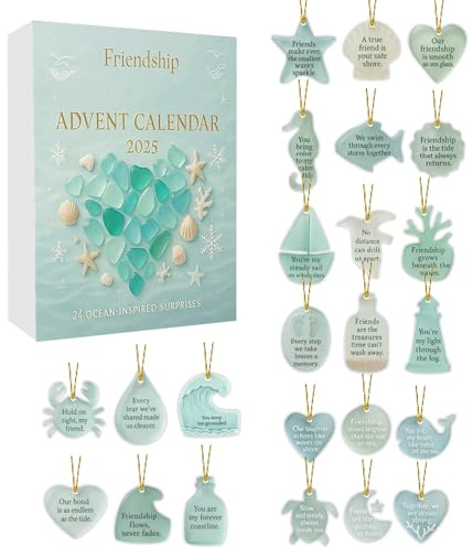 Sea Glass Freundschafts-Adventskalender, 24 Tage, Weihnachts-Countdown-Kalender mit Meeresglas-Ornamenten, Freundschaftsdekoration, Geschenk für beste Freundin (1 Set)