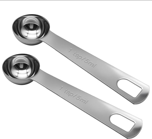 CKANDAY 2 Pack 1 Teaspoon Stainless Steel Measuring Spoons, 5ml Short Handle Coffee Scoop Spoon, Kitchen Gadgets for Precise Measurement of Cooking, Baking Ingredients, Spices, Protein Powder