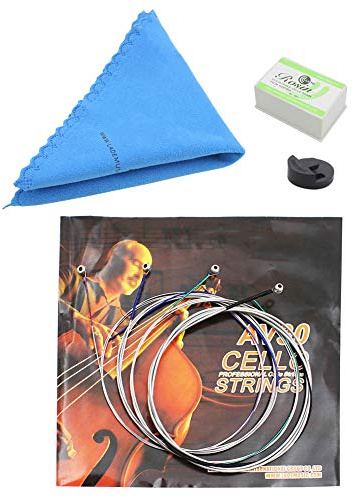 4-in-1 Cello-Saiten-Set, Cello-Zubehör-Set mit Übungsdämpfer, sauberem Tuch und Kolophonium, unverzichtbare Werkzeuge für die Cello-Pflege und leises Üben, langlebige Saiten für