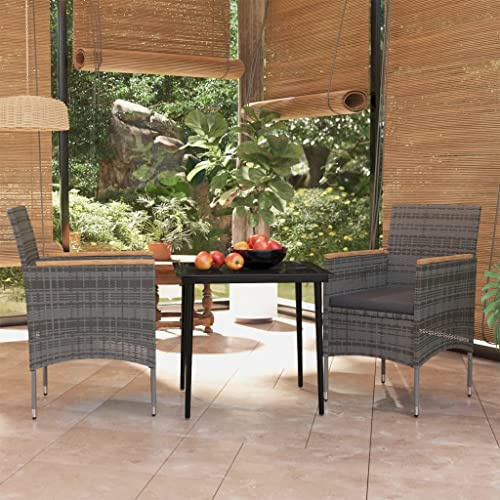 JHQHSM 3-TLG. Garten-Essgruppe mit Auflagen Grau und Schwarz, Pulverbeschichteter Stahlrahmen und Wasserdichtes PE-Rattan für Stabilität und Langlebigkeit, Outdoor Tischgruppe
