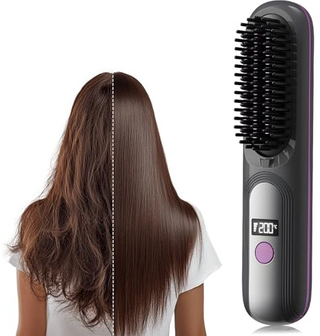 Go Brush Pro UK, Cordless Hair Straightener Brush,Portable Rechargeable Ceramic Styling Brush with 4 Heat Modes, LED Display,Anti-Scald Protection