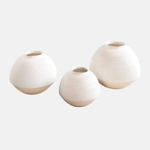 Loberon Vase 3er Set Émoliane - DREI Größen - Handgefertigt - Matte Oberfläche - Feine Punktstruktur - Kugelige Form - Dekoration - Steinzeug, antikweiß
