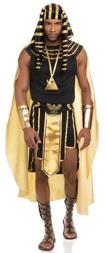 YOUDTIAN Adult Men's Halloween King Pharaoh Costume Deluxe Egyptian Costume Set Pharaoh Halloween Egypt Fancy Dress 7 Pcs Pharaoh Halloween Outfit (A-Black, XXL)