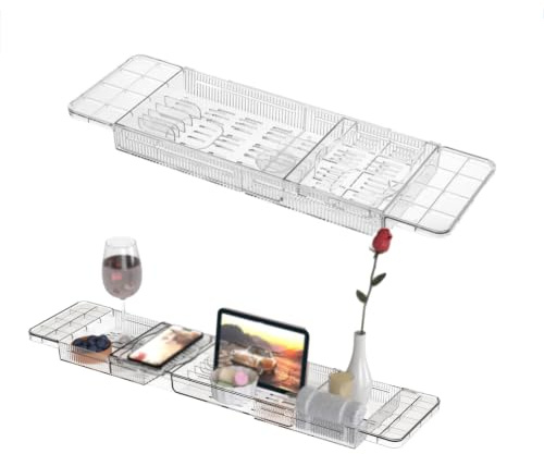 SJASD Expandable Bath Caddy Tray,Clear Acrylic Bathtub Shelf Rack