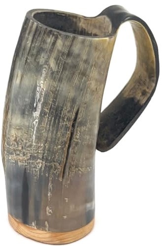 HORNCRAFT Drinking Horn Mug with Wooden Base | 600ml - 750ml Capacity | Ox Horn Tankard | Rough Finish | Genuine Ox Horn | Beer Tumbler | Drinking Vessel