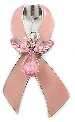 Broche en plaqué rhodium avec ruban en émail rose poudré et cristaux en forme d’ange pour sensibilisation au cancer du sein, longueur 42 mm