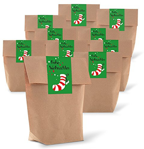 Logbuch-Verlag 25 weihnachtliche Papiertüten mit Boden 14 x 22 x 5,6 cm + Weihnachtssticker mit Nikolausstrumpf - Verpackung Nikolausgeschenk