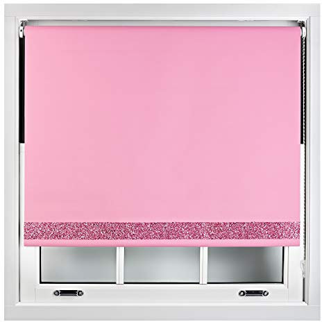 FURNISHED Blackout Roller Blinds With Glitter Edge - Trimmable Thermal UV Protection Fabric Easy Fit Sparkle Glitter Blind for Windows, Pink 120W x 210H cm
