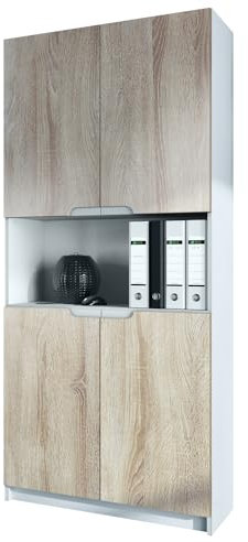 Vladon Büroschrank Logan V2, Made in Germany, Aktenschrank mit 5 Fächern und 4 Türen, Weiß matt/Eiche sägerau (82 x 184 x 37 cm)
