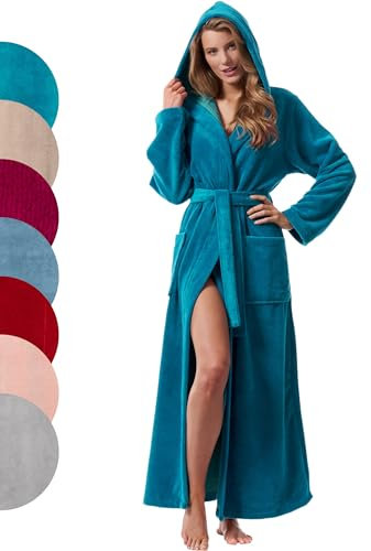 Morgenstern Bademantel Damen mit Kapuze in petrol türkis lang leicht Frauen Hausmantel Damenbademantel Saunabademantel Baumwolle Microfaser Viskose Größe M