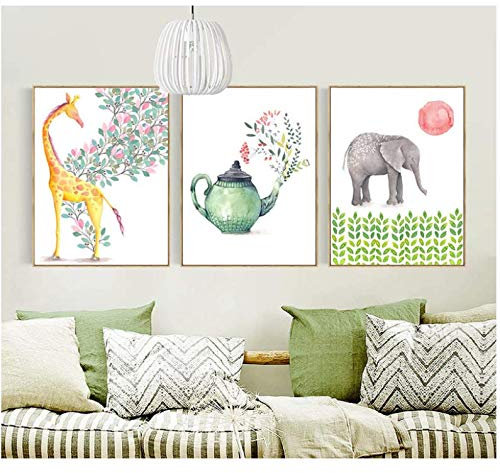 Eléphant, girafe et théière Peintures sur toile 50x70cm No Frame