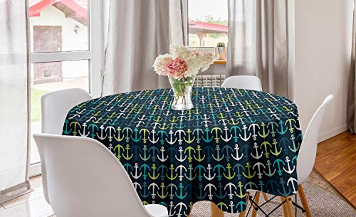 ABAKUHAUS Anker Runde Tischdecke, Maritime Segeln Reisen, Kreis Tischdecke Abdeckung für Esszimmer Küche Dekoration, 150 cm, Dunkelblau, Grün, Weiß