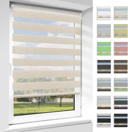 Vkele Doppelrollo Klemmfix ohne Bohren, Natur 85x120cm(BxH), Duo Rollo Zebrarollo Fensterrollo für Fenster und Tür, Lichtdurchlässig Verdunkelnd, Seitenzugrollo Sonnenschutz Sichtschutz