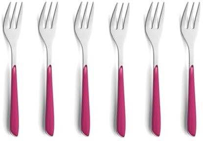 Kuppels Prisma Lot de 6 fourchettes à gâteau, en acier inoxydable 18/0, pour 6 personnes, avec manche en plastique de qualité supérieure, rouge framboise, inoxydable et passe au lave-vaisselle