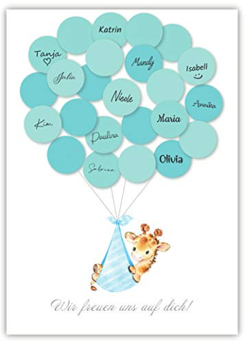 Pandawal Babyparty Deko Junge Gästebuch Alternative Baby Shower Set Giraffe (blau) Gastgeschenk Taufe Pullerparty Erinnerungsstück/Andenken beschreibbar/Fingerabdruck