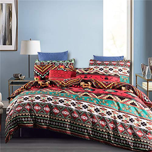 Nyescasa Boho Bettwäsche 200x220 Indisch Rot Grün Bohemian Bettbezüge Premium Qualität Mikrofaser Bunt Geometrisches Muster Bettwäsche Set mit 2 Kissenbezüge 80x80 cm Reißverschluss