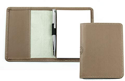 DELMON VARONE - Personalisierbares Notizblock Etui DIN A7 „EcoAppleLeather“ Braun, Recycled Öko Apfelleder Reporterblock nachfüllbar mit Mini Kugelschreiber, Stiftschlaufe, Einschubfach & Notizblöcke