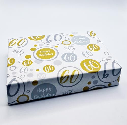 Geschenkpapier zum 60. Geburtstag, 4 Bögen + 4 passende Geschenkanhänger zum 60. Geburtstag, Schwarz, Gold, Silber, Geschenkpapier für Männer und Frauen (PA)