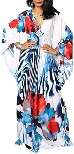 Bsubseach Caftan Femme Robe de Plage Grande Taille Longue Kaftan Maxi Ete Cache Maillot de Bain Djellaba Tunique Bohème Boho Cover Up Bleu Rouge Floral
