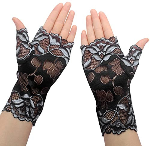 ihreesy Damen Spitze Halbfinger Handschuhe, 1 Paar Spitzenhandschuhe Spitzenhandschuhe Fingerlose Handschuhe Sonnenschutz Blumenspitze Handschuhe Hochzeitsfeier Kostümzubehör,Hellblau