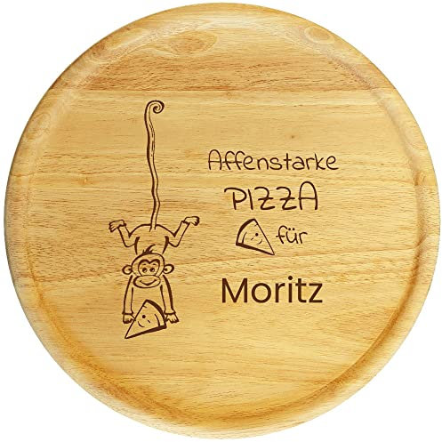 Sterngraf Pizzateller mit Gravur (Namen) 32cm - Geschenkidee zum Geburtstag Einschulung Kinder, personalisiertes Holz Pizzabrett lustiges Motiv P27 Affe