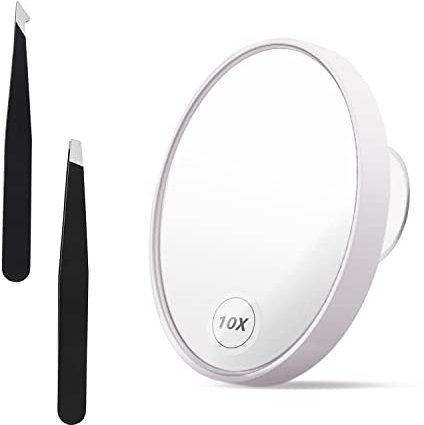 YSDYY 1 loupe de détail x10 avec ventouses avec 2 pinces à épiler, miroir de courtoisie rond de 13 cm, miroir portable, maquillage, rasage, coupe des sourcils, pour le quotidien et les voyages.