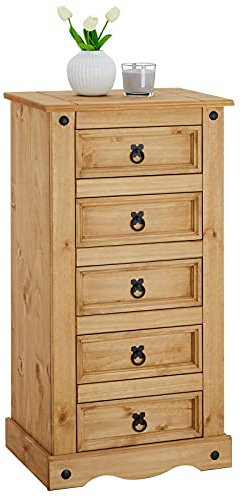CARO-Möbel Kommode Salsa mit 5 Schubladen, Elegantes Highboard aus Kiefer massiv, Anrichte im Mexiko Landhaus Stil, Schubladenkommode mit gebeizter und gewachster Oberfläche