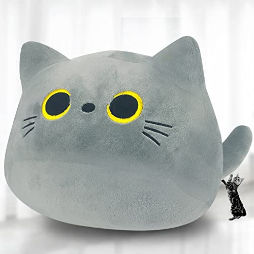 Kyduu Plüschtier Katze, Stofftier Kawaii, Grau Plüschkissen Spielzeug, Kuscheltier Ausgestopftes Tier, Weighted Plushie, Squishmallow (600g)