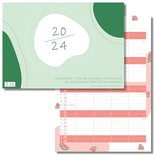 Wandkalender 2024 | Familienplaner mit 4 Spalten | 12 Monatskalender mit Feiertagen | Ferienübersicht | Jahresübersicht 2024/2025 zum Abtrennen | Recyclingpapier (2023 | 1er Pack)