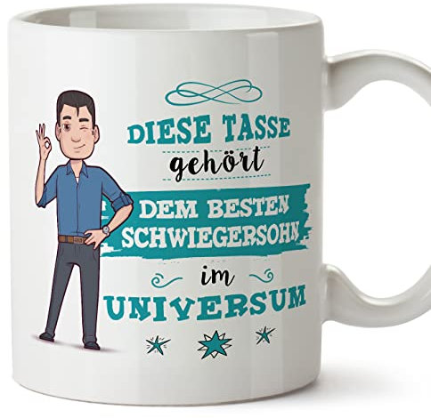 Mugffins Tassen/Becher mit Spruch für SCHWIEGERSOHN - Auf Deutsch - Beste Familie im Universum - 11 oz / 330 ml - originelles und lustiges Geschenk