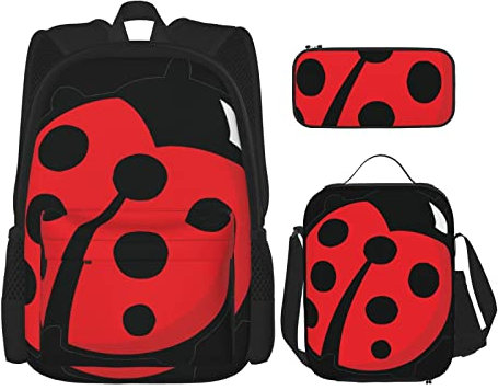 Cartoon Ladybug Dreiteiliges Rucksack-Set, Taschenrucksack, Cross-Body-Lunch-Tasche, Stiftetaschen-Set, Jungen und Mädchen Schultasche, Schwarz, Einheitsgröße, Schwarz , Einheitsgröße, Modern