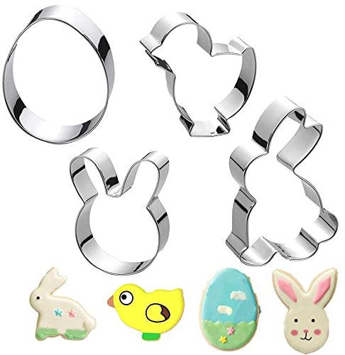 UOUYOO Easter Cookie Cutter Set - 4 Stainless Steel Cutters 4 different shapes including eggs, chicks, bunnies and bunny faces to help you make the perfect Easter-themed cookies