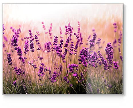 DEQORI Schneidebrett aus Glas | groß 40x30 cm | Motiv Lavendelblüten im Regen | Design Schneideplatte für Küche | Frühstücksbrett antibakteriell & rutschfest | Glasplatte & Servierplatte