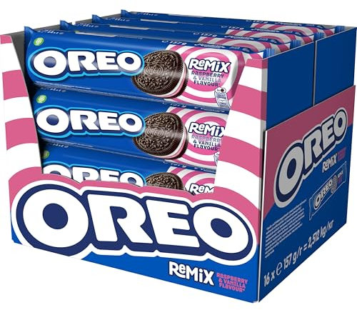 Oreo Remix Galletas de Cacao Rellenas de Crema Sabor Frambuesa y Vainilla 157g - Pack de 16