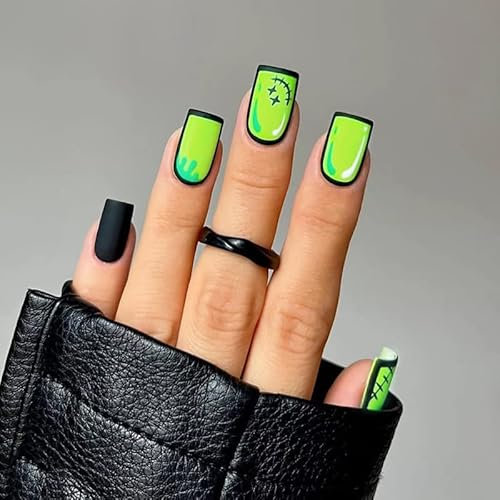 VEBONNY Vebonny FN-ST004 Lot de 24 faux ongles carrés courts à presser en acrylique pour femmes et filles Noir et vert fluo
