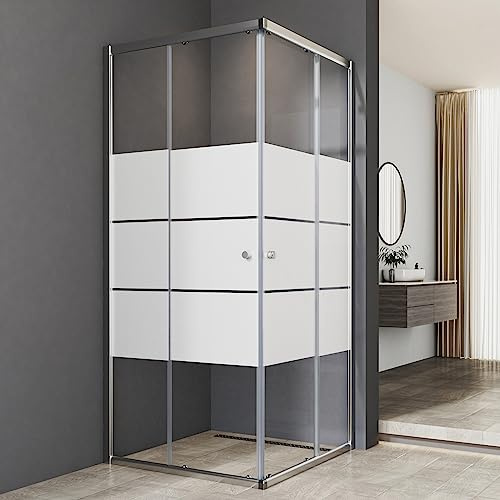 Duschkabine Eckeinstieg Duschkabine 90 x 90 cm Milchglas Eckeinstieg Doppel Schiebetür 6mm ESG Milchglas Streifen Duschabtrennung Duschwand Höhe 185 cm