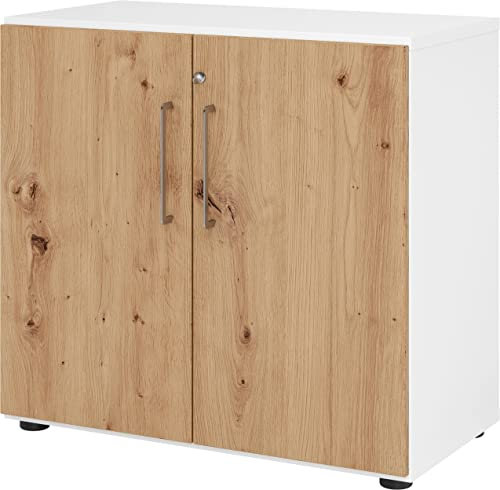 bümö Aktenschrank abschließbar, Büroschrank Holz 80cm breit in Weiß/Asteiche - abschließbarer Schrank mit Aktenregal für's Büro & Arbeitszimmer, Büro Möbel Ordnerschrank mit Schloss