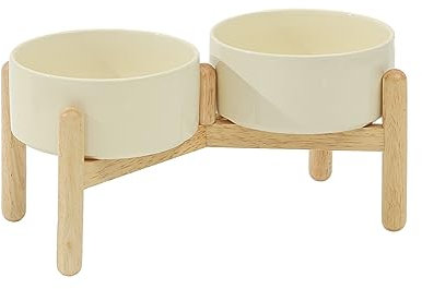 Havniva Keramischer Hundenapf 15,5 cm mit Standfuß für kleine und mittelgroße Hunderassen, Futter- und Wassernapf (Doppelnapf mit Standfuß - Beige, 850 ml)