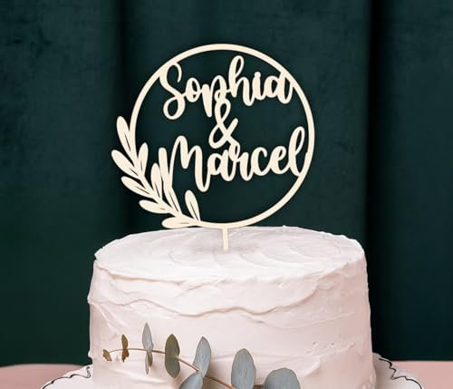 Alsino Persönlicher Cake Topper für alle Anlässe - Hochzeit, Geburtstag, Taufe, Geburt, Kommunion, Konfirmation - aus nachhaltigem Holz, (LA-50) Hochzeit Blätter