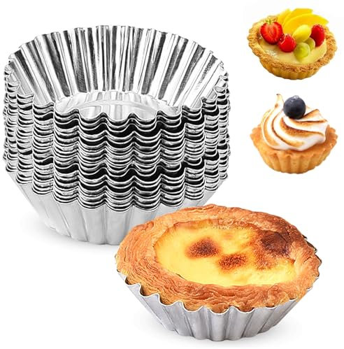 TULEBOLIAN 30pcs Egg Tart Molds,Pudding Moulds for Baking,Stainless,Silver,Cookie Mold Base,Non-Stick Cupcake Moulds,Tart Tins,Resuable,for Egg Tart,Pudding,Cookie(7.2cm)
