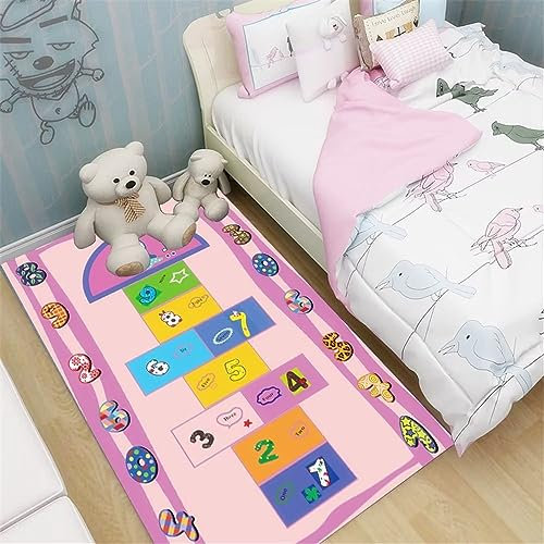 Mädchen Teppich Kinderzimmer Teppich Balkon Outdoor Multi-Size-Teppich Rosa Kariert Cartoon-Spielmuster Esszimmer Gegen Milben 80X160Cm Teppiche Fürs Kinderzimmer Rosa