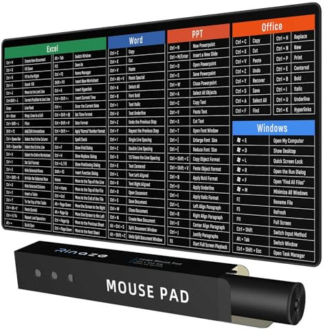 Rinaze Large Mouse Pad Desk Mat with Excel Shortcuts Cheat Sheet, Anti-Slip Keyboard Pad with Multifunctional, Gaming Mousepad, Office Desk Accessories for Computer, MacBook, PC and Laptop