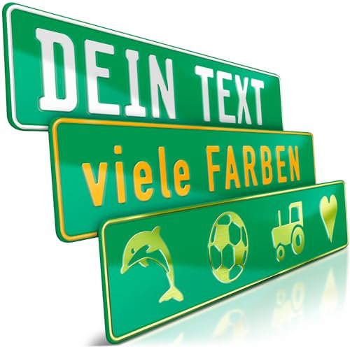 schildEVO 1 Fun-Schild geprägt | Grün mit Wunschtext bis zu 16 Zeichen | Aluminium Namensschild | Individuelles Fun-Kennzeichen | Bohrlöcher & Saugnäpfe
