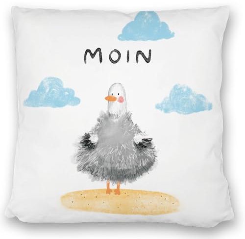Möwe Kissen satiniert mit Spruch Moin lustiges für Frauen Reise Kuscheliger Kissen satiniert bezug Wasser DekoKissen satiniert Bedruckt Inlay Verschiedene Kissen satiniert