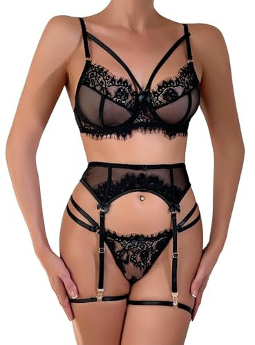 EVELIFE Set di lingerie da donna con reggicalze 4 pezzi sexy reggiseno in pizzo e mutandine set con giarrettiera cosce giarrettiera a vita alta reggicalze biancheria intima senza calze, Nero , S