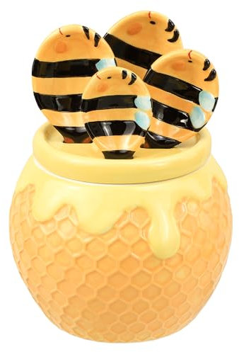 Sizikato 4pcs Porcelain Measuring Spoons with Base, Cute Ceramic Bee Spoons and Honeycomb Cup